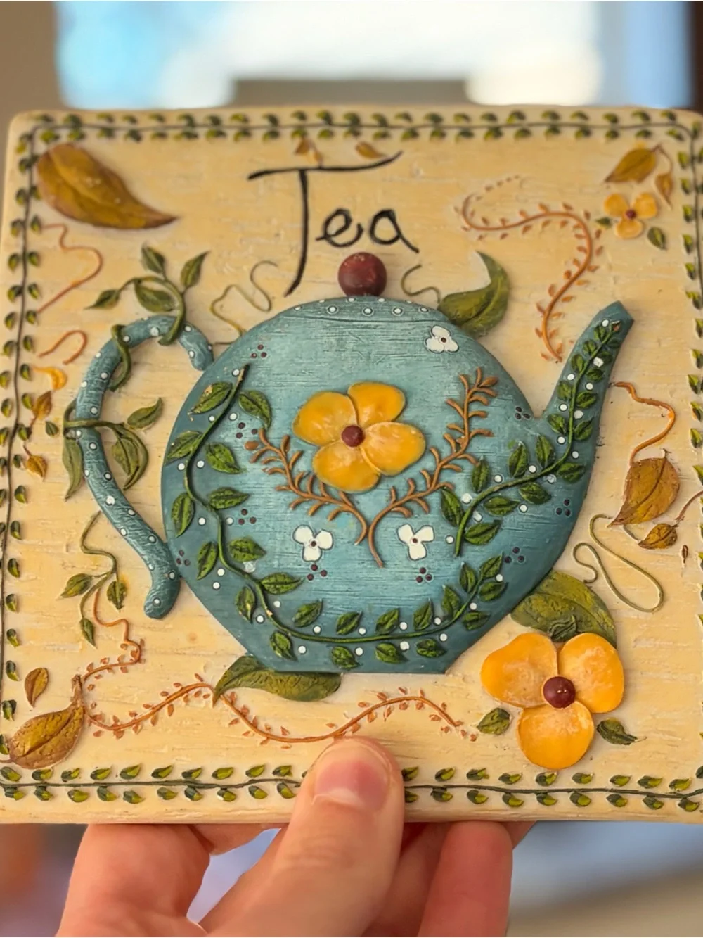 Cottagecore Floral 3D Textured Decorative Blue Teapot Wall Plaque - Tea Sign
